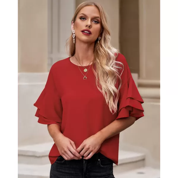 luvamia Womens Casual 34 Tiered Bell Sleeve Crewneck Loose Tops Blouses ShirtA True Red