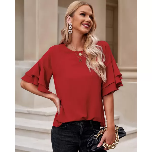 luvamia Womens Casual 34 Tiered Bell Sleeve Crewneck Loose Tops Blouses ShirtA True Red