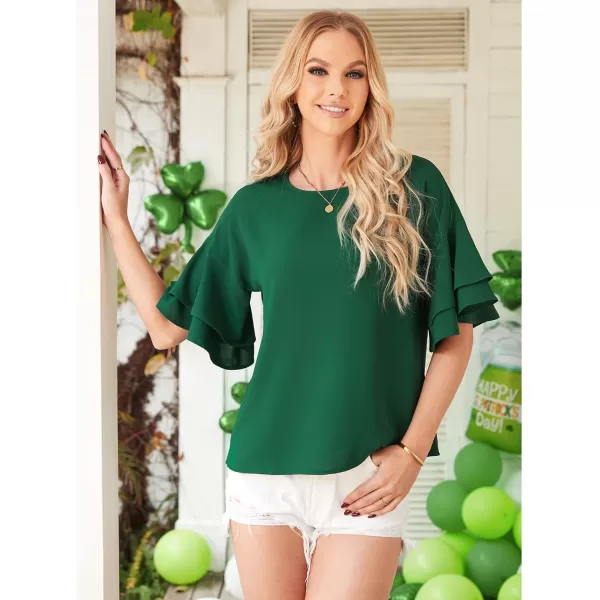 luvamia Womens Casual 34 Tiered Bell Sleeve Crewneck Loose Tops Blouses ShirtA1 Alpine Green
