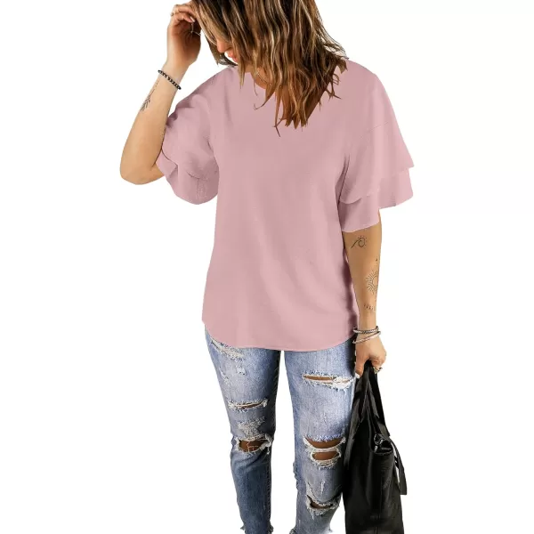 luvamia Womens Casual 34 Tiered Bell Sleeve Crewneck Loose Tops Blouses ShirtA1 Ballerina Pink