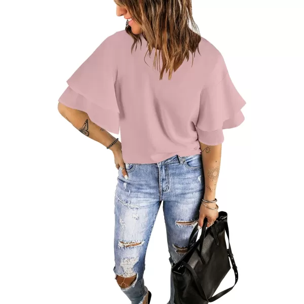 luvamia Womens Casual 34 Tiered Bell Sleeve Crewneck Loose Tops Blouses ShirtA1 Ballerina Pink
