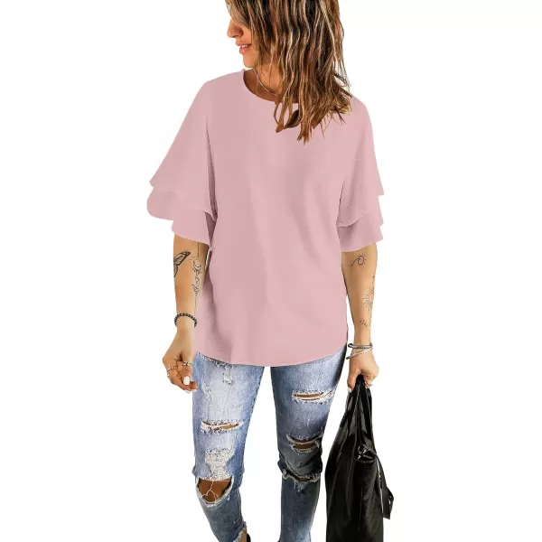 luvamia Womens Casual 34 Tiered Bell Sleeve Crewneck Loose Tops Blouses ShirtA1 Ballerina Pink