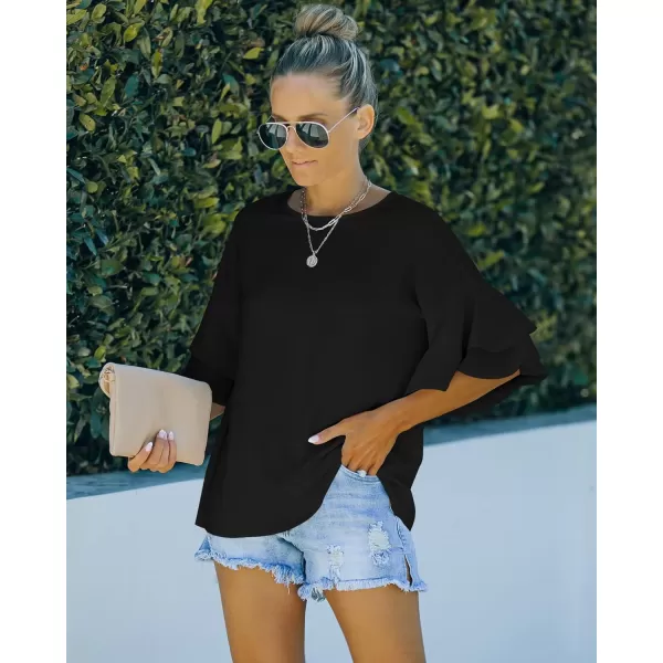 luvamia Womens Casual 34 Tiered Bell Sleeve Crewneck Loose Tops Blouses ShirtA1 Black