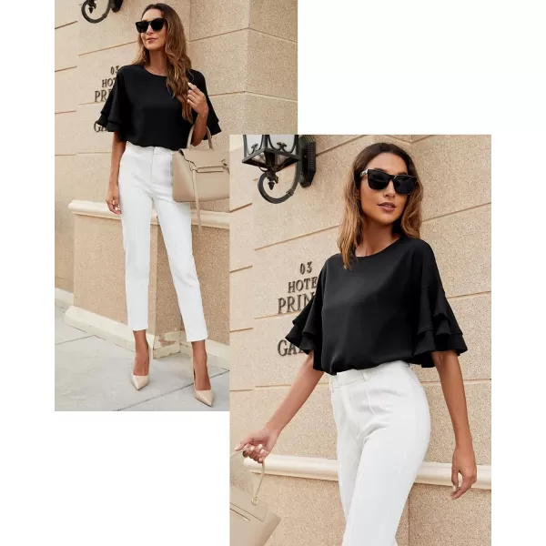 luvamia Womens Casual 34 Tiered Bell Sleeve Crewneck Loose Tops Blouses ShirtA1 Black