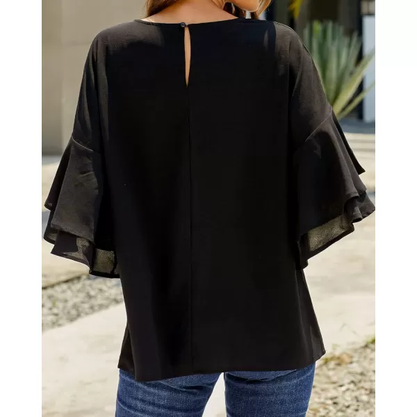 luvamia Womens Casual 34 Tiered Bell Sleeve Crewneck Loose Tops Blouses ShirtA1 Black
