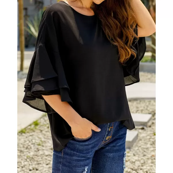 luvamia Womens Casual 34 Tiered Bell Sleeve Crewneck Loose Tops Blouses ShirtA1 Black