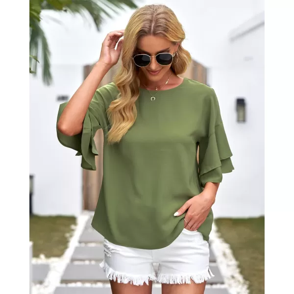 luvamia Womens Casual 34 Tiered Bell Sleeve Crewneck Loose Tops Blouses ShirtA1 Calliste Green