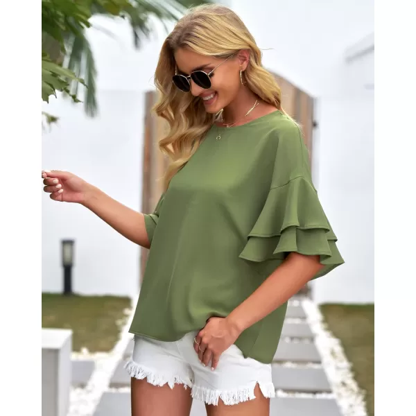 luvamia Womens Casual 34 Tiered Bell Sleeve Crewneck Loose Tops Blouses ShirtA1 Calliste Green