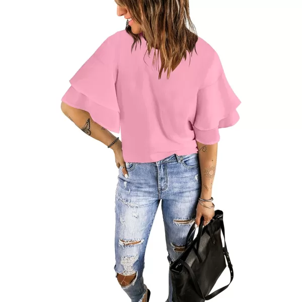 luvamia Womens Casual 34 Tiered Bell Sleeve Crewneck Loose Tops Blouses ShirtA1 Candy Pink