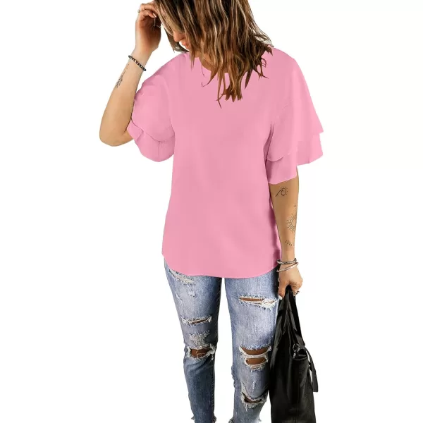 luvamia Womens Casual 34 Tiered Bell Sleeve Crewneck Loose Tops Blouses ShirtA1 Candy Pink