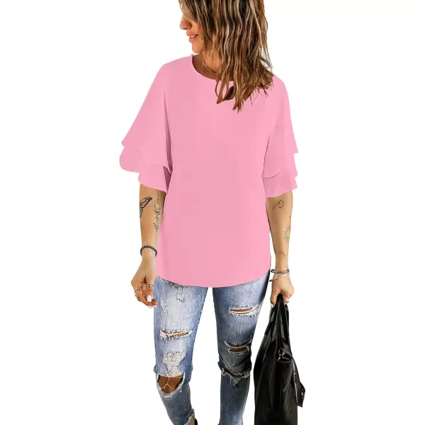 luvamia Womens Casual 34 Tiered Bell Sleeve Crewneck Loose Tops Blouses ShirtA1 Candy Pink