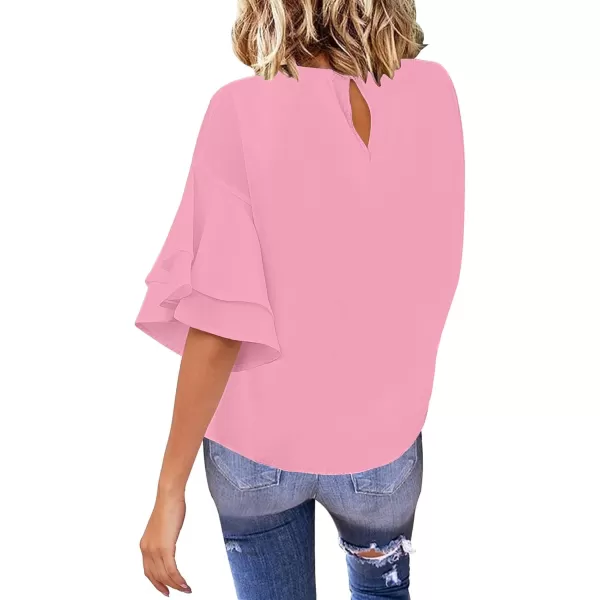 luvamia Womens Casual 34 Tiered Bell Sleeve Crewneck Loose Tops Blouses ShirtA1 Candy Pink