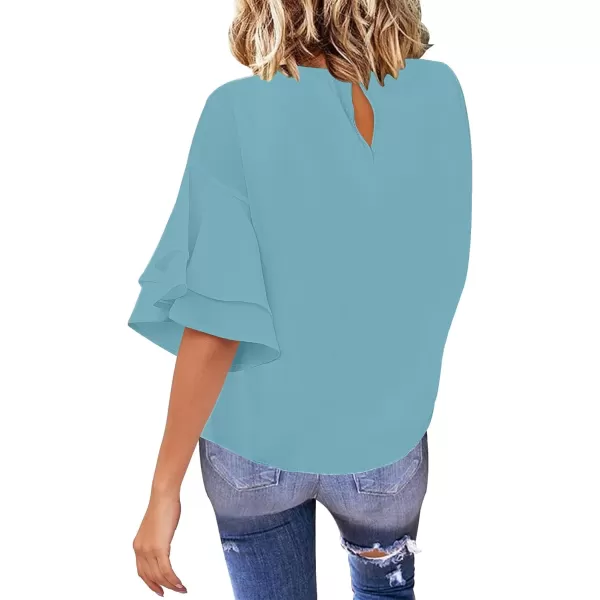 luvamia Womens Casual 34 Tiered Bell Sleeve Crewneck Loose Tops Blouses ShirtA1 Crystal Blue