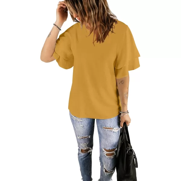 luvamia Womens Casual 34 Tiered Bell Sleeve Crewneck Loose Tops Blouses ShirtA1 Golden Apricot