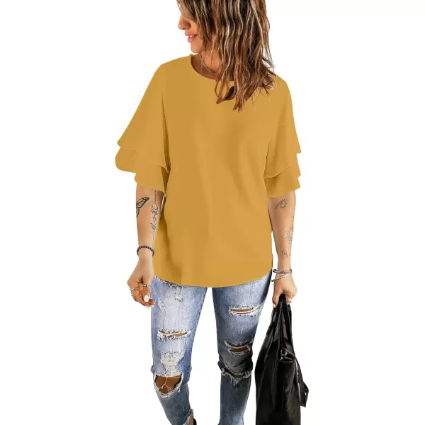 luvamia Womens Casual 34 Tiered Bell Sleeve Crewneck Loose Tops Blouses ShirtA1 Golden Apricot