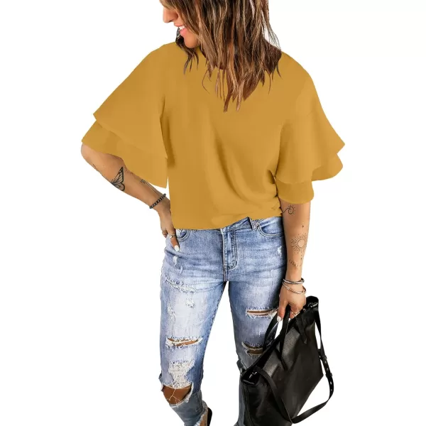 luvamia Womens Casual 34 Tiered Bell Sleeve Crewneck Loose Tops Blouses ShirtA1 Golden Apricot