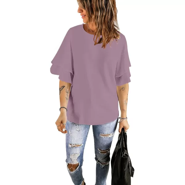 luvamia Womens Casual 34 Tiered Bell Sleeve Crewneck Loose Tops Blouses ShirtA1 Mauve Shadows