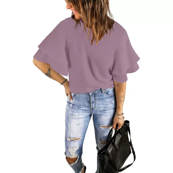 luvamia Womens Casual 34 Tiered Bell Sleeve Crewneck Loose Tops Blouses ShirtA1 Mauve Shadows