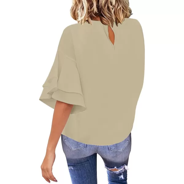 luvamia Womens Casual 34 Tiered Bell Sleeve Crewneck Loose Tops Blouses ShirtA1 Turtledove