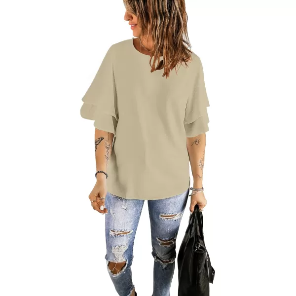 luvamia Womens Casual 34 Tiered Bell Sleeve Crewneck Loose Tops Blouses ShirtA1 Turtledove