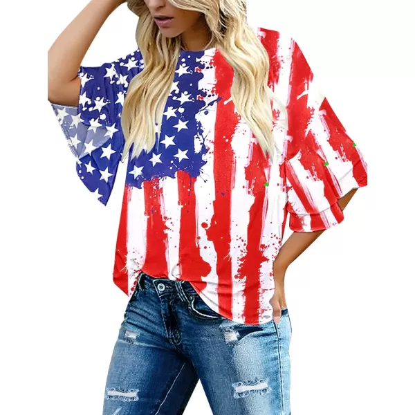 luvamia Womens Casual 34 Tiered Bell Sleeve Crewneck Loose Tops Blouses ShirtA2 American Flag Print