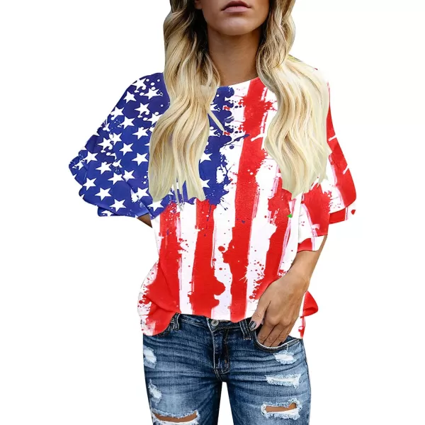 luvamia Womens Casual 34 Tiered Bell Sleeve Crewneck Loose Tops Blouses ShirtA2 American Flag Print