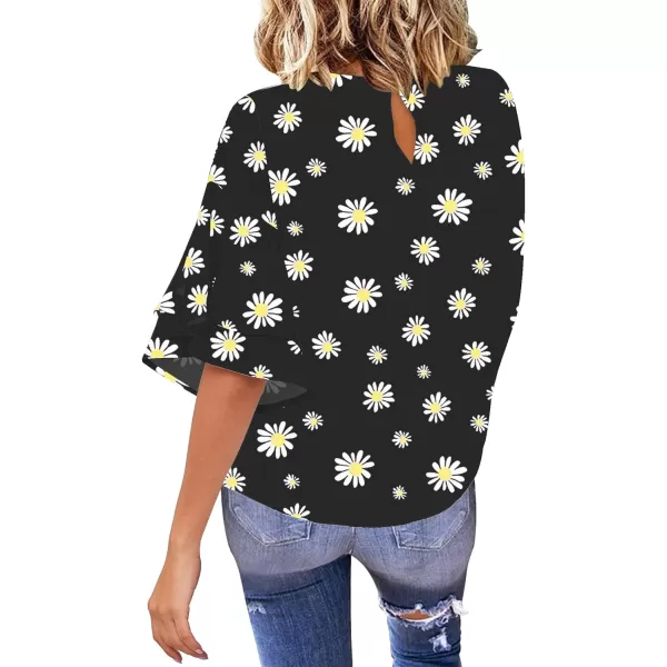 luvamia Womens Casual 34 Tiered Bell Sleeve Crewneck Loose Tops Blouses ShirtA2 Daisy Floral Black