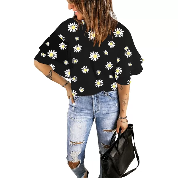 luvamia Womens Casual 34 Tiered Bell Sleeve Crewneck Loose Tops Blouses ShirtA2 Daisy Floral Black