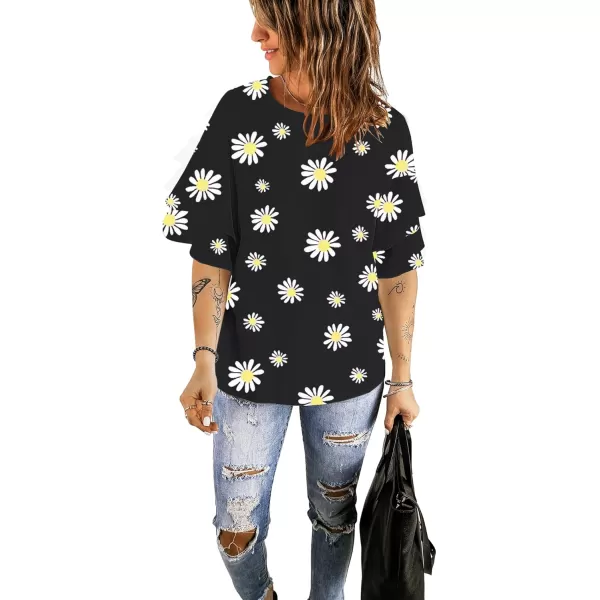 luvamia Womens Casual 34 Tiered Bell Sleeve Crewneck Loose Tops Blouses ShirtA2 Daisy Floral Black