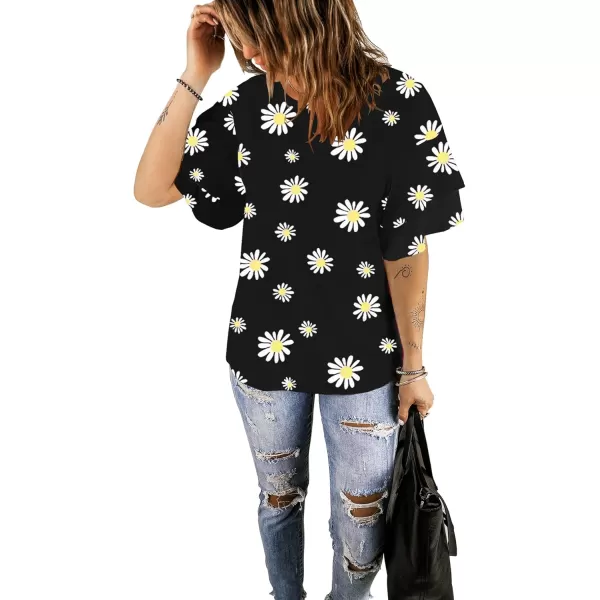 luvamia Womens Casual 34 Tiered Bell Sleeve Crewneck Loose Tops Blouses ShirtA2 Daisy Floral Black