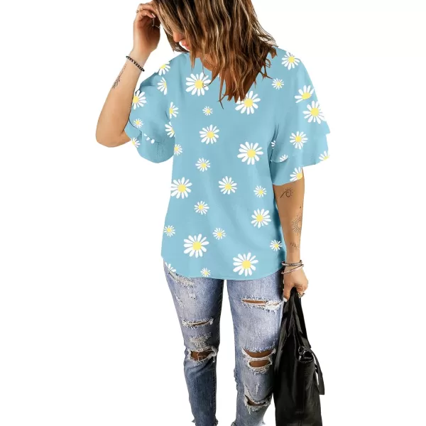 luvamia Womens Casual 34 Tiered Bell Sleeve Crewneck Loose Tops Blouses ShirtA2 Daisy Floral Blue