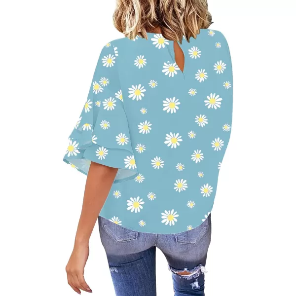 luvamia Womens Casual 34 Tiered Bell Sleeve Crewneck Loose Tops Blouses ShirtA2 Daisy Floral Blue