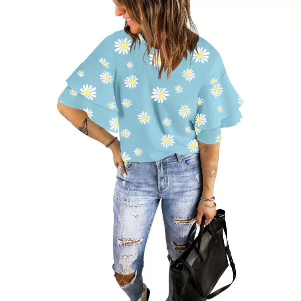 luvamia Womens Casual 34 Tiered Bell Sleeve Crewneck Loose Tops Blouses ShirtA2 Daisy Floral Blue