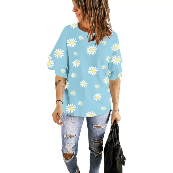 luvamia Womens Casual 34 Tiered Bell Sleeve Crewneck Loose Tops Blouses ShirtA2 Daisy Floral Blue