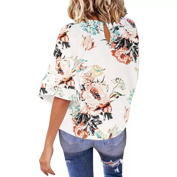 luvamia Womens Casual 34 Tiered Bell Sleeve Crewneck Loose Tops Blouses ShirtA2 Floral Pirnt Brilliant White