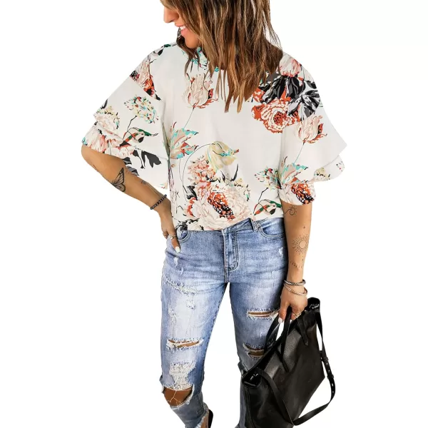 luvamia Womens Casual 34 Tiered Bell Sleeve Crewneck Loose Tops Blouses ShirtA2 Floral Pirnt Brilliant White