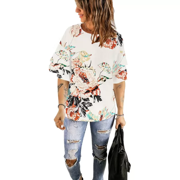 luvamia Womens Casual 34 Tiered Bell Sleeve Crewneck Loose Tops Blouses ShirtA2 Floral Pirnt Brilliant White