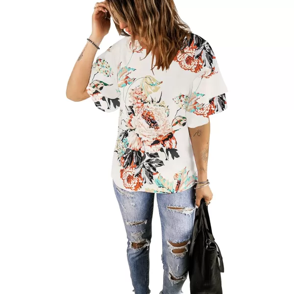 luvamia Womens Casual 34 Tiered Bell Sleeve Crewneck Loose Tops Blouses ShirtA2 Floral Pirnt Brilliant White