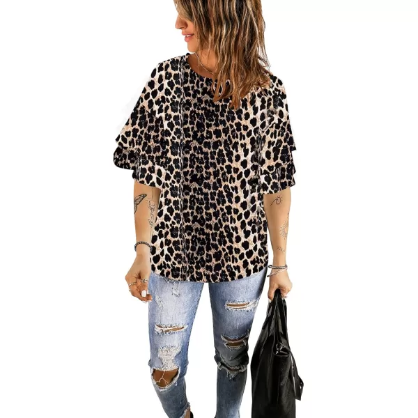 luvamia Womens Casual 34 Tiered Bell Sleeve Crewneck Loose Tops Blouses ShirtA2 Leopard Print