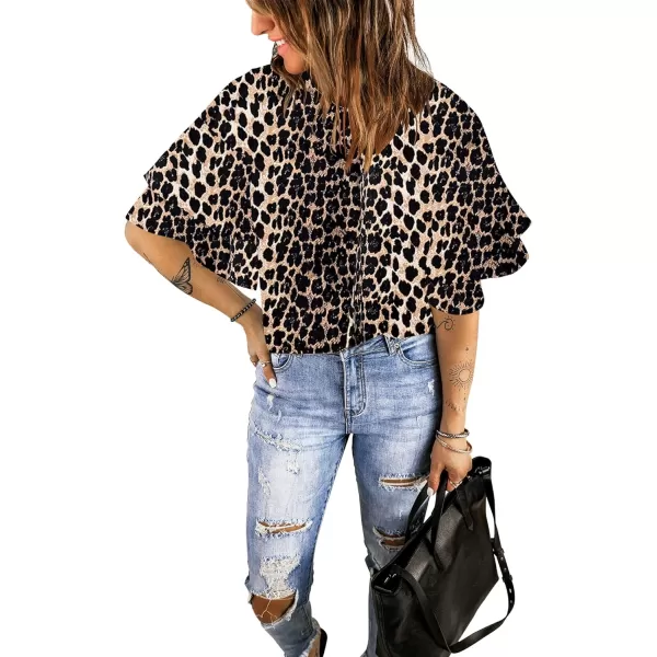 luvamia Womens Casual 34 Tiered Bell Sleeve Crewneck Loose Tops Blouses ShirtA2 Leopard Print