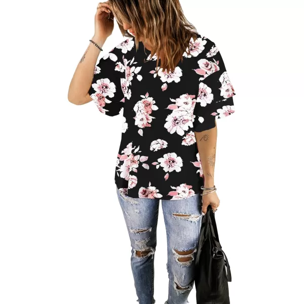 luvamia Womens Casual 34 Tiered Bell Sleeve Crewneck Loose Tops Blouses ShirtA2 Pink Floral Print Black