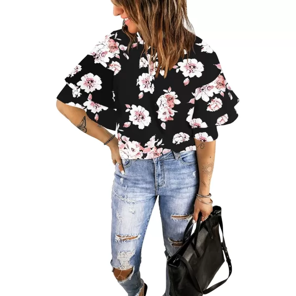 luvamia Womens Casual 34 Tiered Bell Sleeve Crewneck Loose Tops Blouses ShirtA2 Pink Floral Print Black