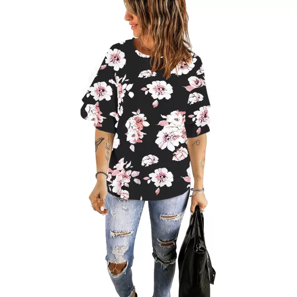 luvamia Womens Casual 34 Tiered Bell Sleeve Crewneck Loose Tops Blouses ShirtA2 Pink Floral Print Black