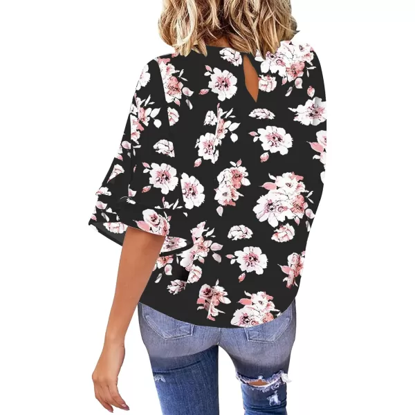 luvamia Womens Casual 34 Tiered Bell Sleeve Crewneck Loose Tops Blouses ShirtA2 Pink Floral Print Black