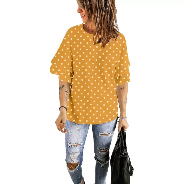 luvamia Womens Casual 34 Tiered Bell Sleeve Crewneck Loose Tops Blouses ShirtA2 YellowWhite Polka Dot