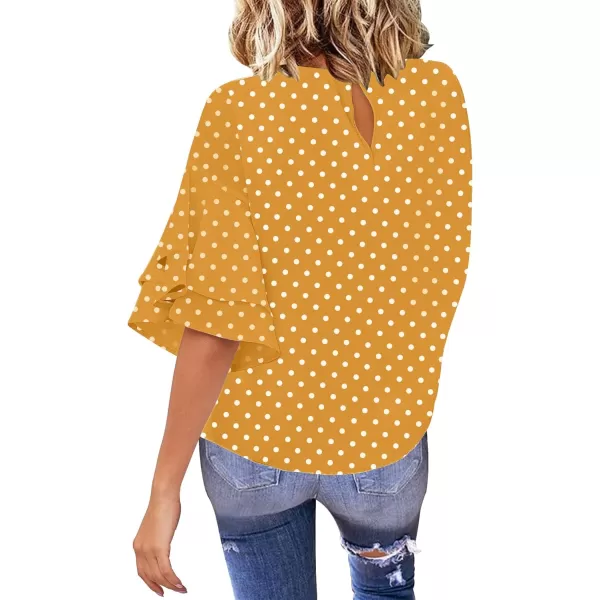 luvamia Womens Casual 34 Tiered Bell Sleeve Crewneck Loose Tops Blouses ShirtA2 YellowWhite Polka Dot