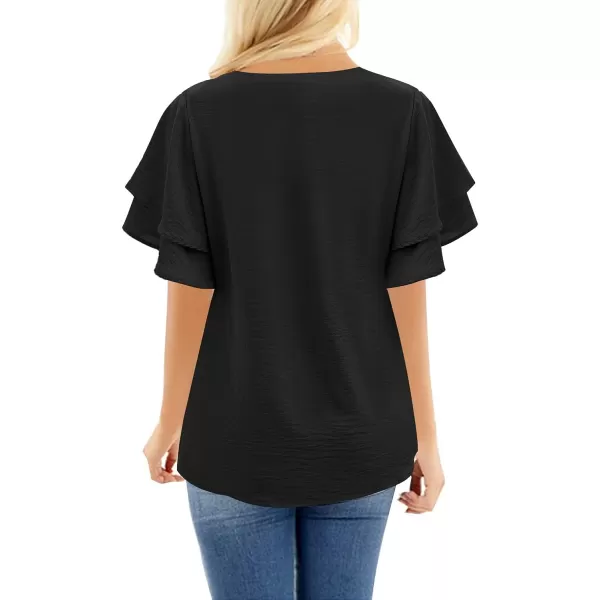 luvamia Womens Casual 34 Tiered Bell Sleeve Crewneck Loose Tops Blouses ShirtB Black