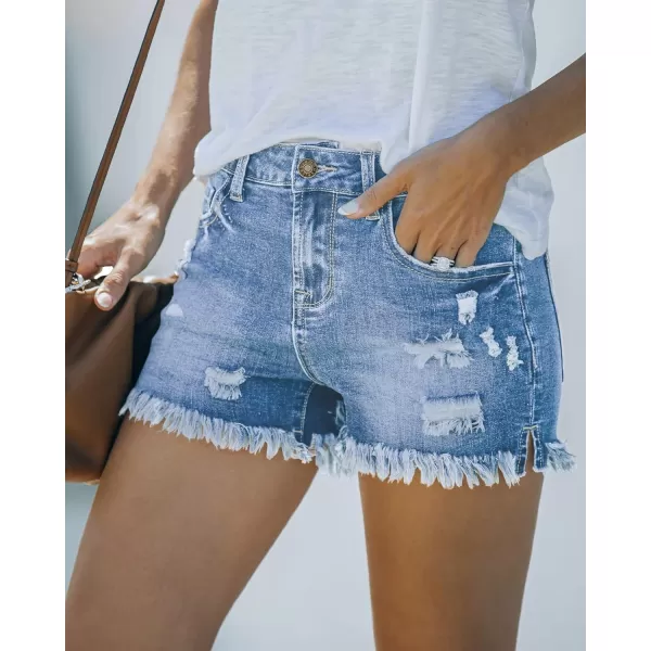 luvamia Womens Casual Mid Rise Denim Shorts Stretch Ripped Raw Hem Jean ShortsE Turquoise Blue