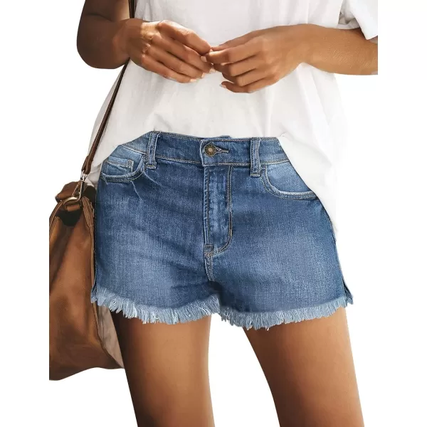 luvamia Womens Casual Mid Rise Denim Shorts Stretch Ripped Raw Hem Jean ShortsF Deep Indigo