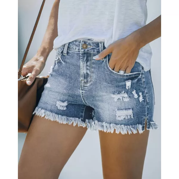 luvamia Womens Casual Mid Rise Denim Shorts Stretch Ripped Raw Hem Jean ShortsG Wategos Blue Rip